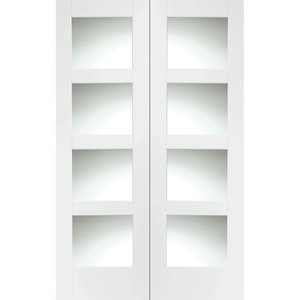 Shaker 4 Panel White Primed Rebated Pair with Clear Glass